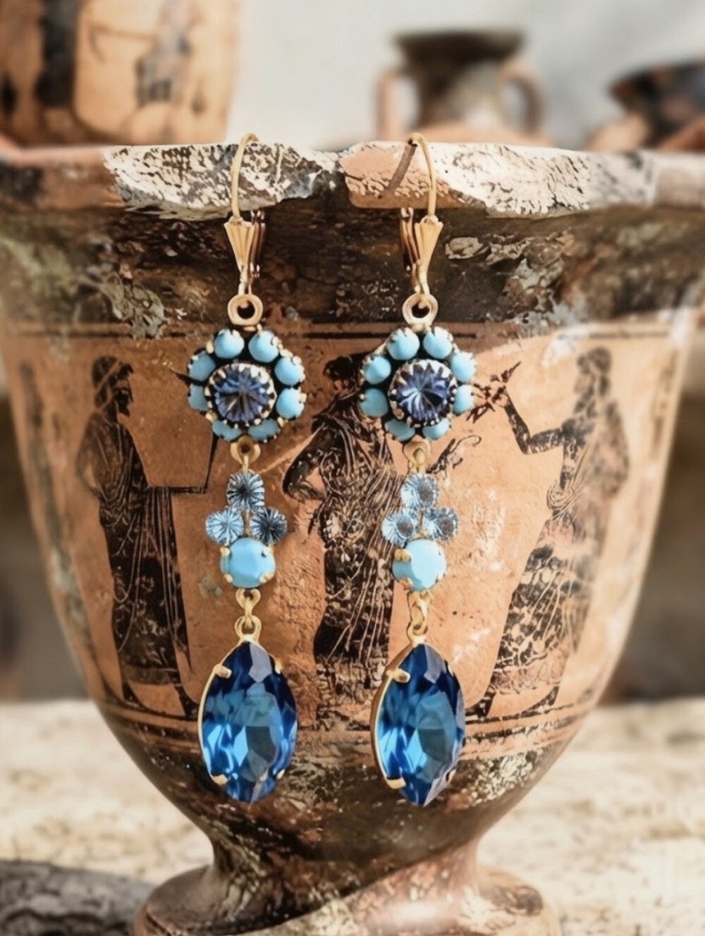 Victorian Turquoise Crystal Flowers In Dangle Gold Plated Artisan-Made Earrings